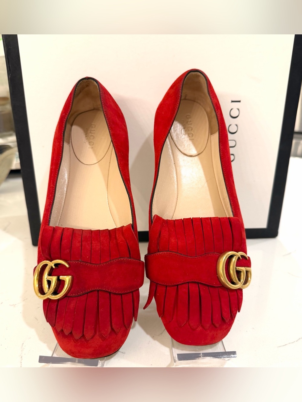 Gucci Red Suede Fringe Loafers with Gold GG Hardware